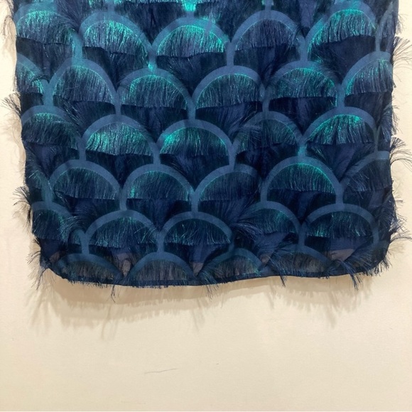 Long Tall Sally Peacock Shimmer Fringe Blouse Size 8 Teal Blue Art Deco Pattern - Picture 5 of 10